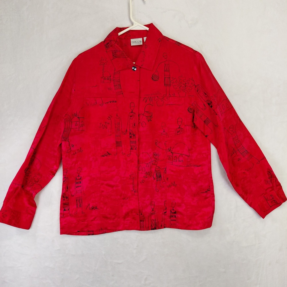 Chicos Red Linen Silk Blend Village Graphic Print Button Down Shirt Size 1